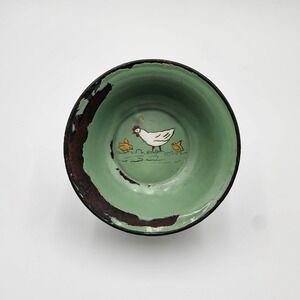 Vintage West Germany Enamelware Green Bowl Chicken With Chicks Motiff Farmhouse